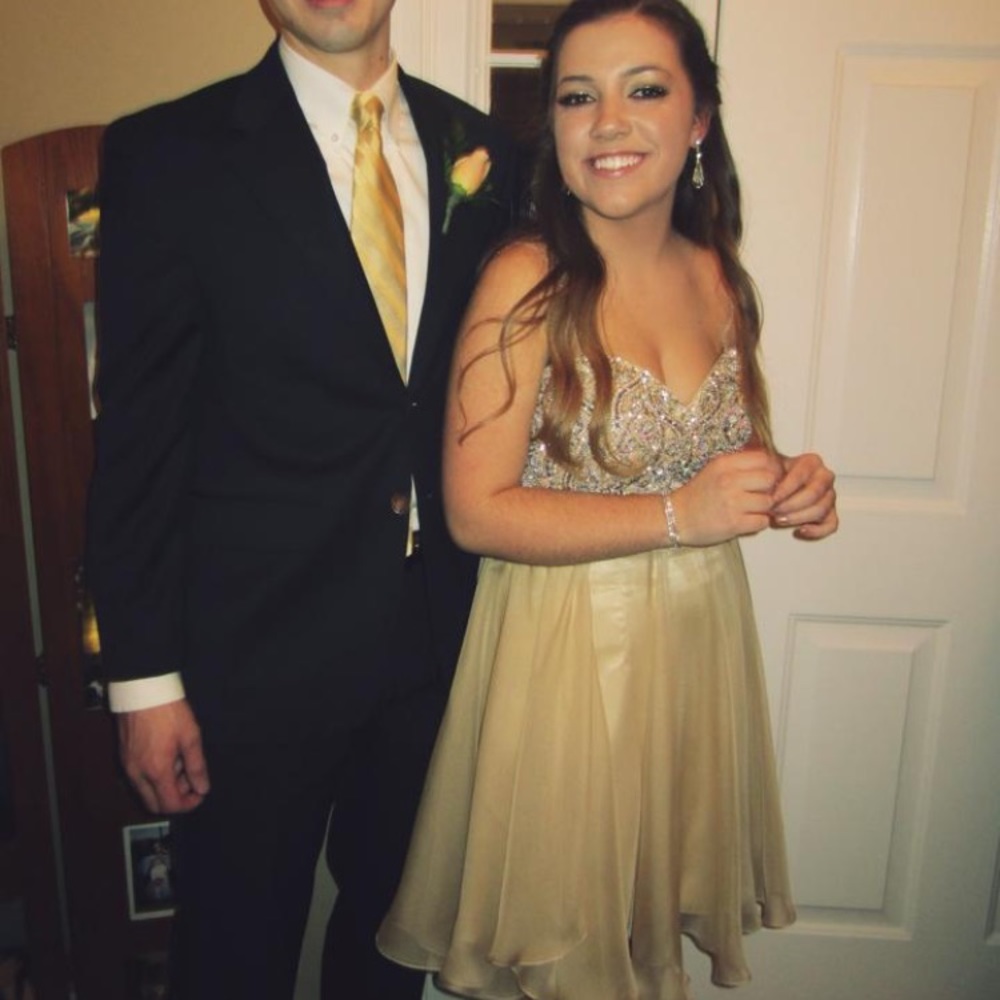 Jovani Knee Length Gold Embellished Prom Dress